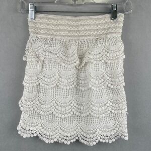 Shasa White Crochet Tiered Mini Skirt Scalloped Lace Boho Pom Pom Coquette Wmn S